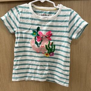 Boden Kids Aqua and White Striped Tee with Pink Axolotl